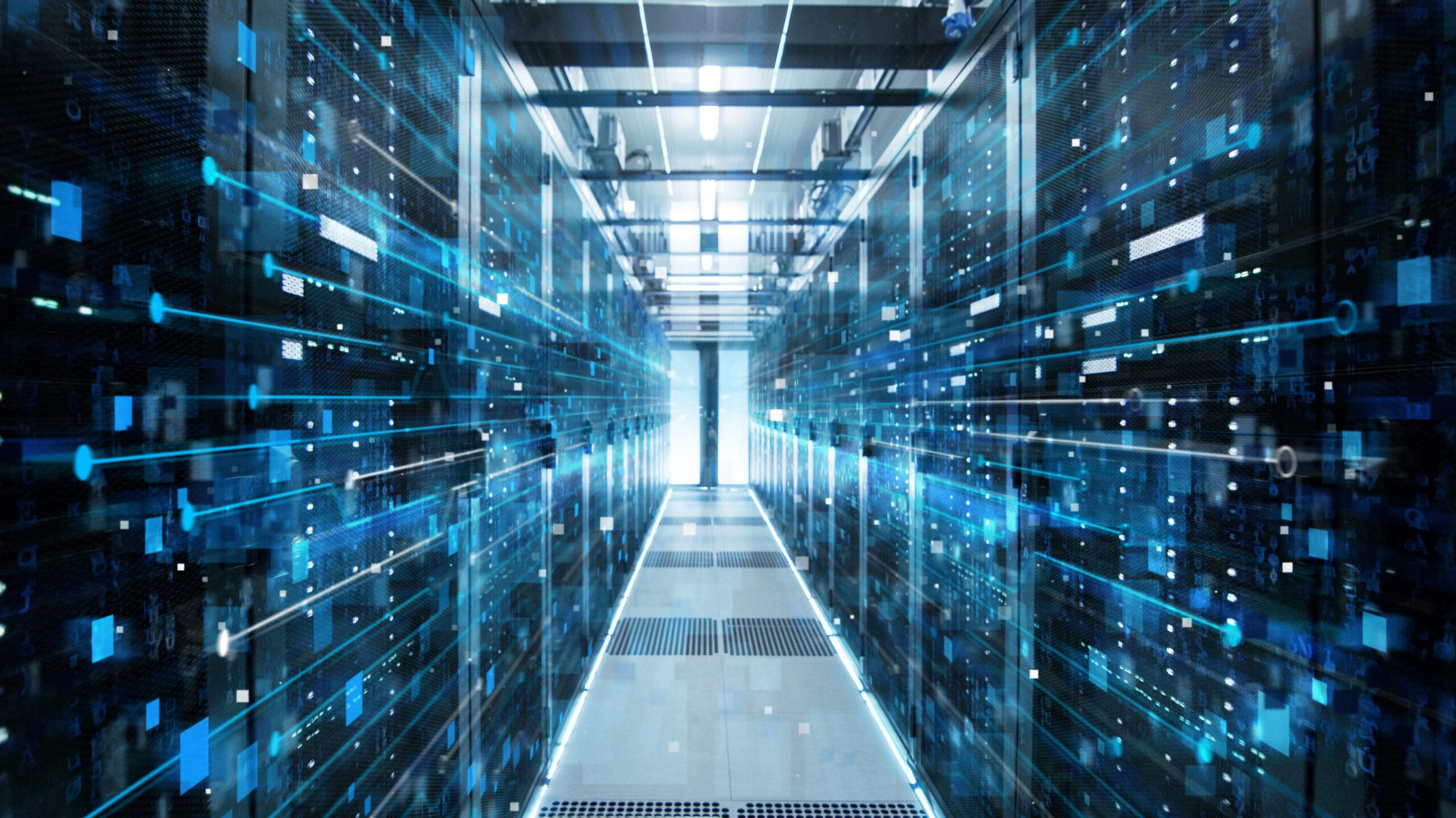 Data center corridor with blue digital overlay