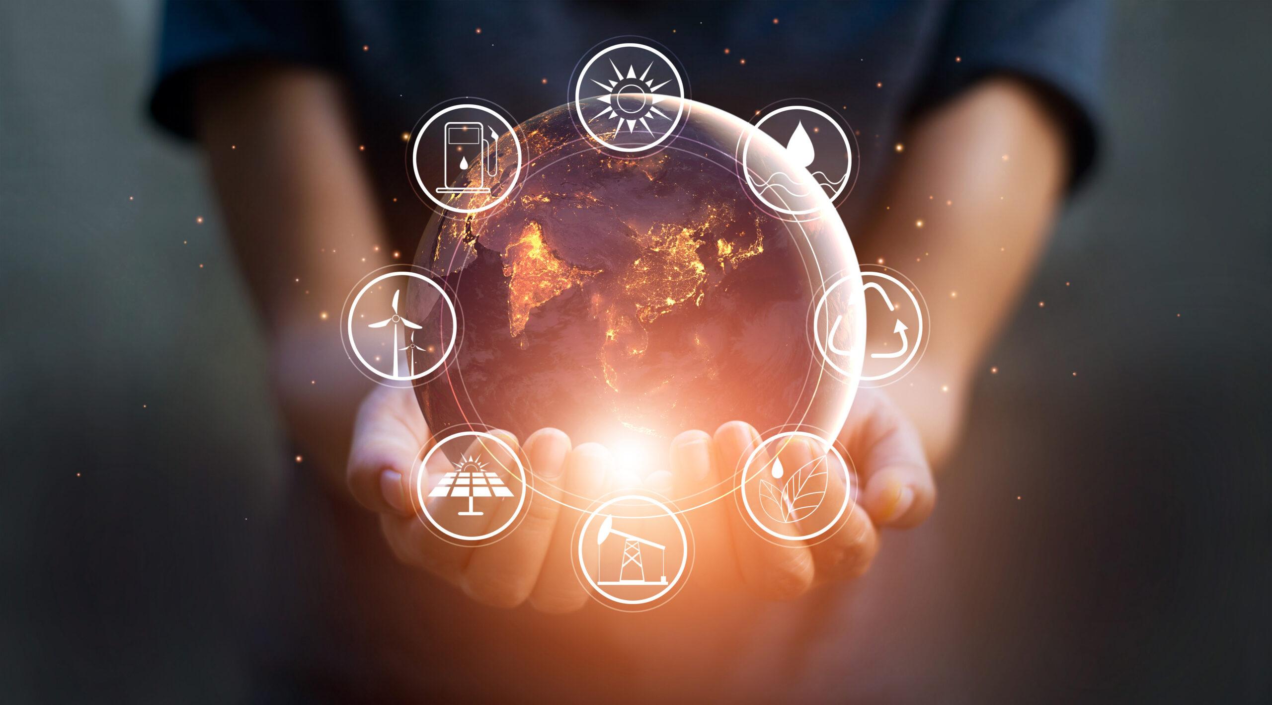 Hands holding glowing circle with energy icons