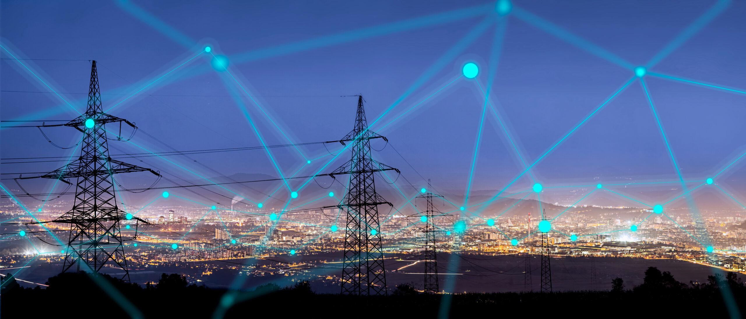 Power transmission tower at night with digital network overlay