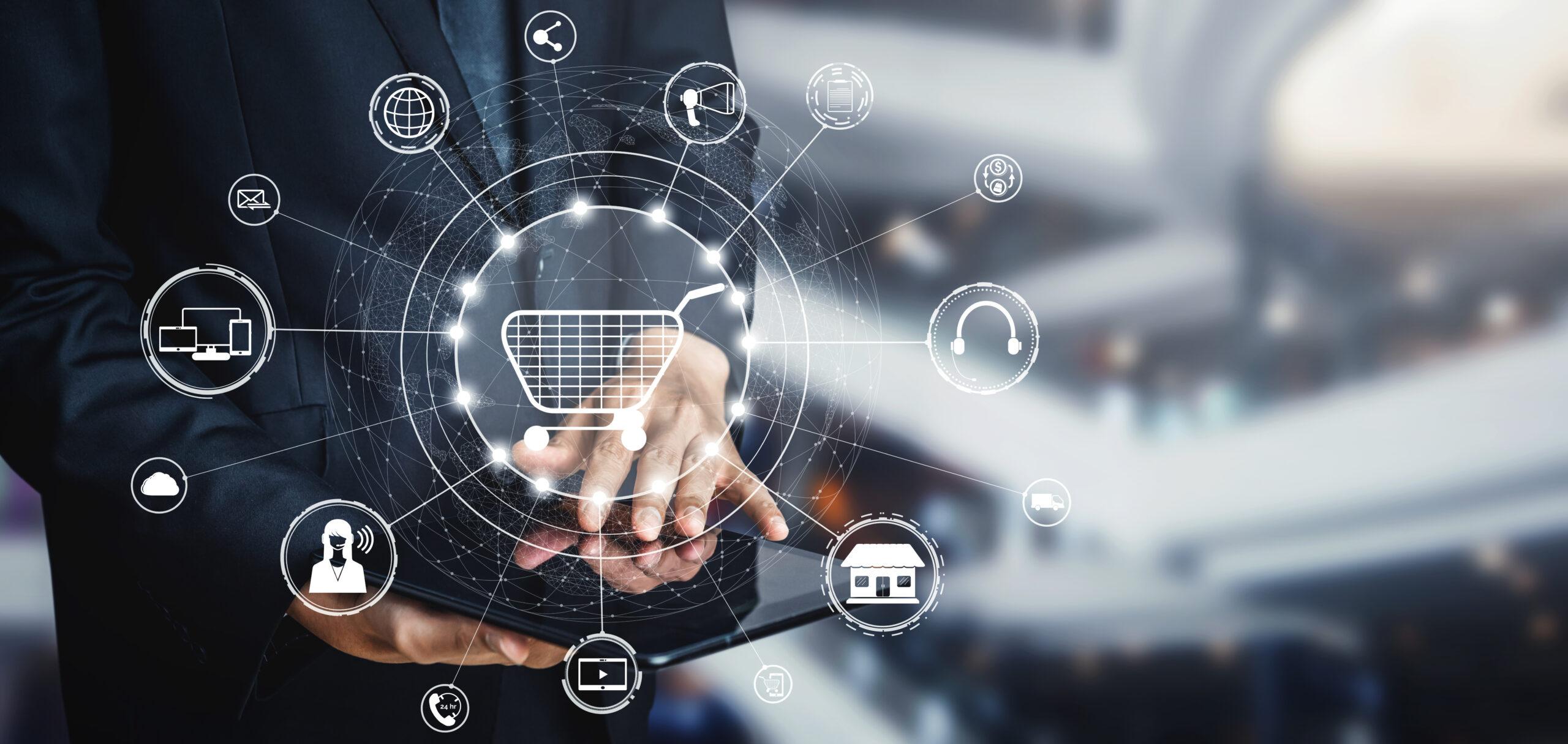 Digital e-commerce platform interface with connected icons