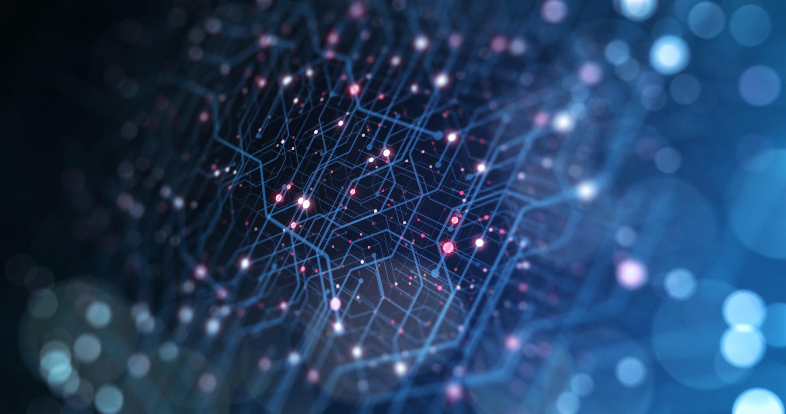 Digital network visualization with blue and pink lights
